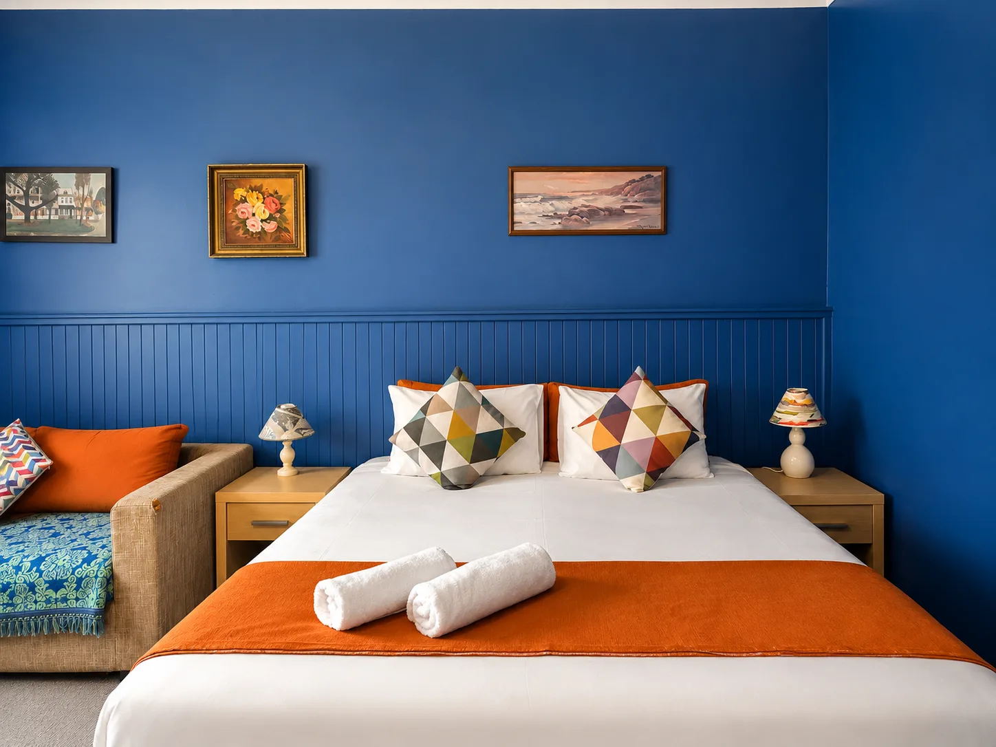 Double bed with sofa and bedside lamps — Family Room Standard at Vine Valley Inn Cessnock