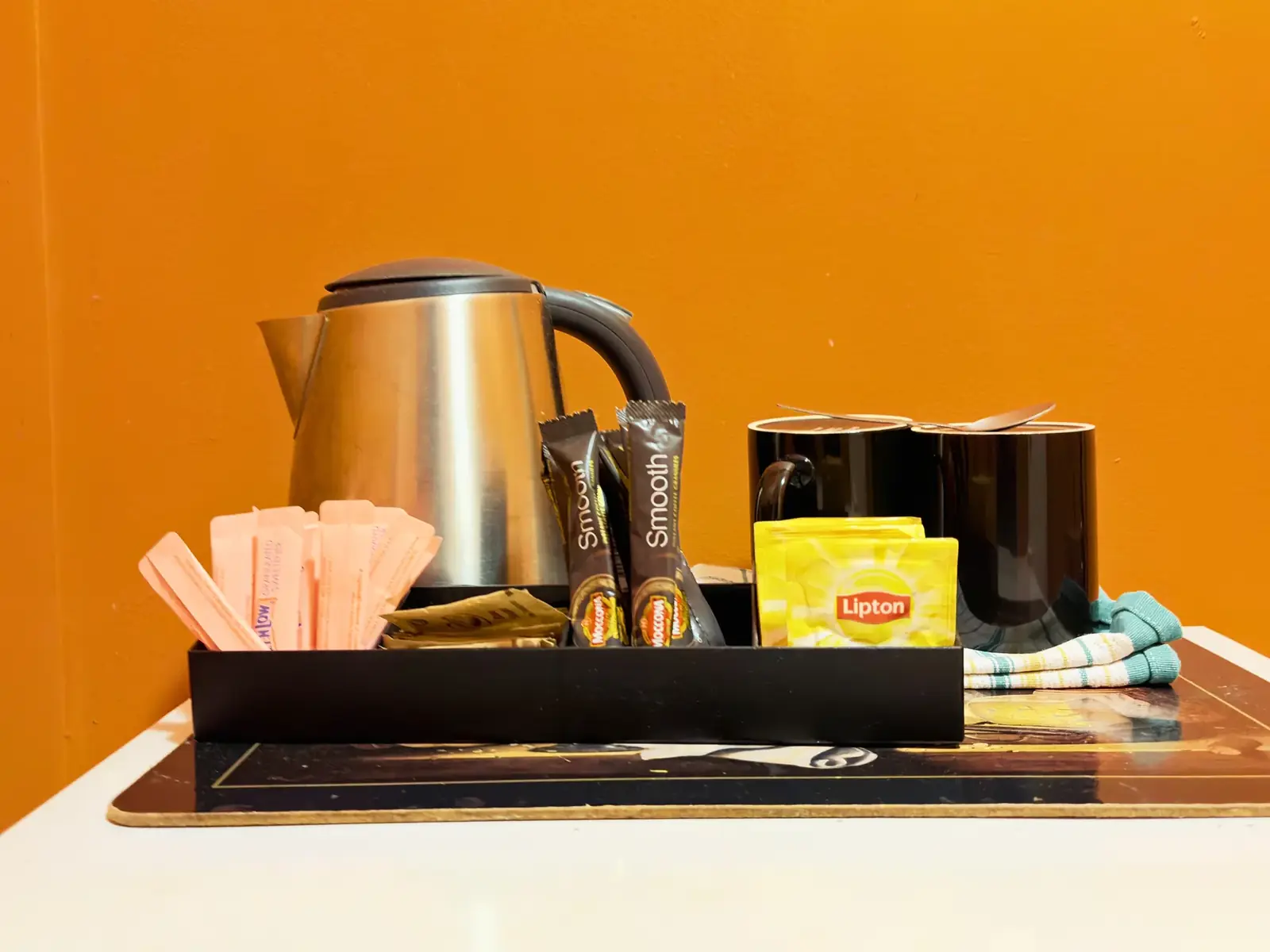 Kettle with tea and coffee tray — King Room at Vine Valley Inn Cessnock